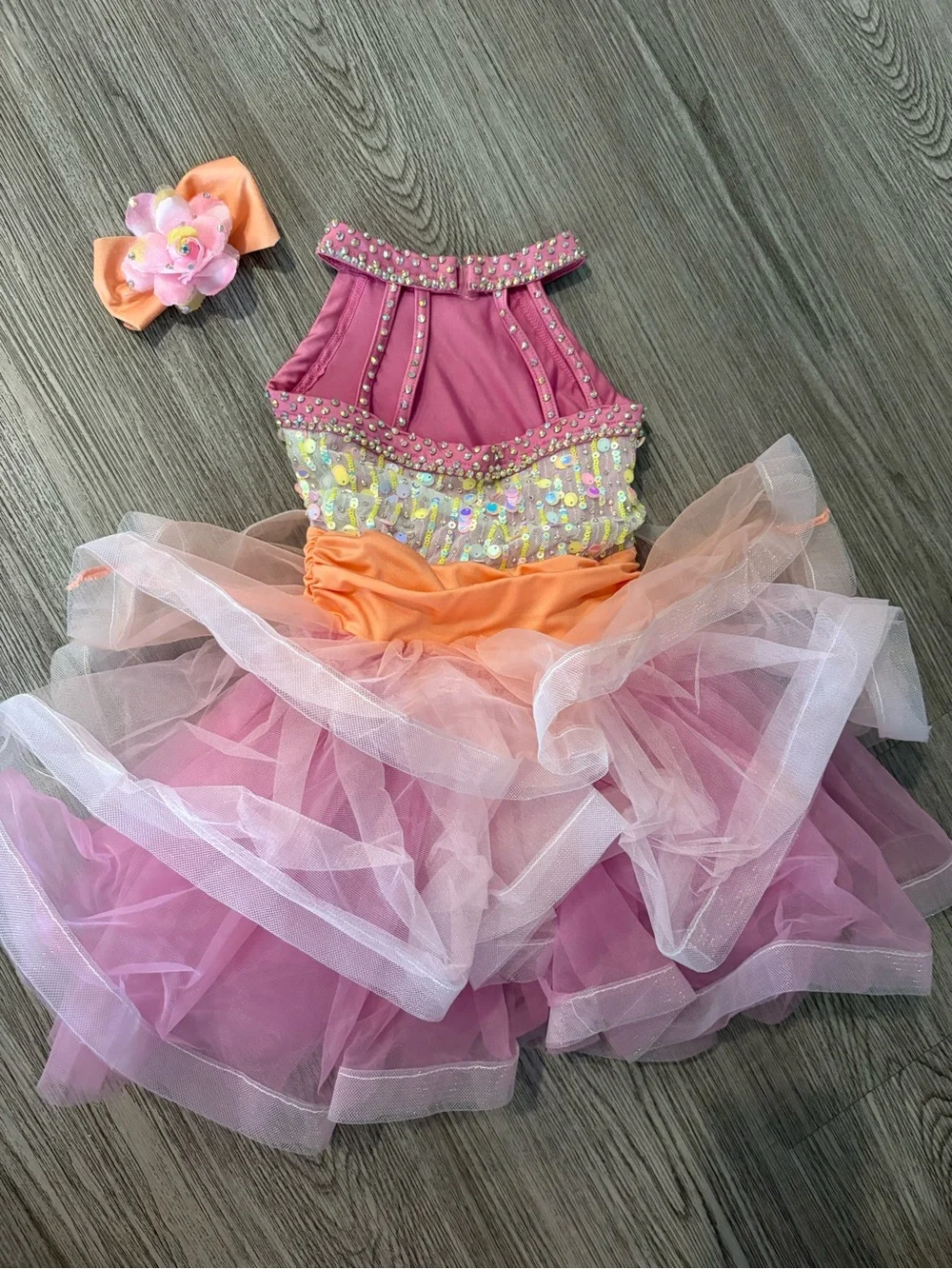 Weissman Pink and Peach Sequin Tulle Dance Costume with Floral Accents